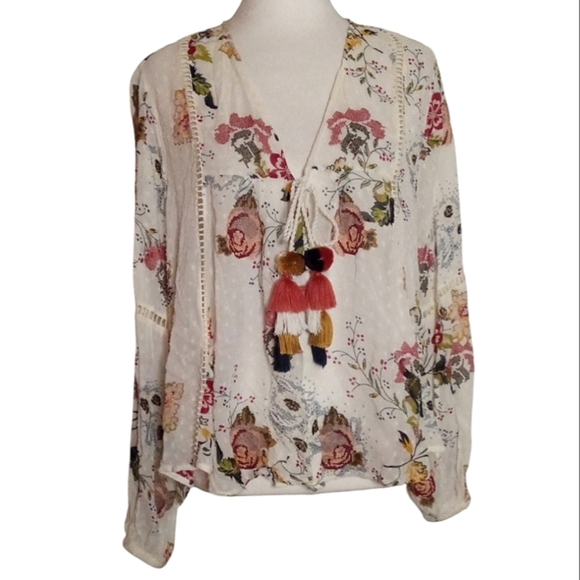 Zara Woman Floral Boho Style Needlepoint Tassel Tie Front Blouse Size Medium - Picture 2 of 10